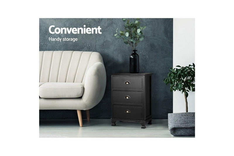 Artiss Bedside Table 3 Drawers Vintage - THYME Black