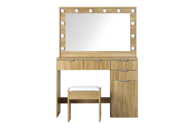 Oikiture Dressing Table Stool Set 12 LED Bulbs(Oak)