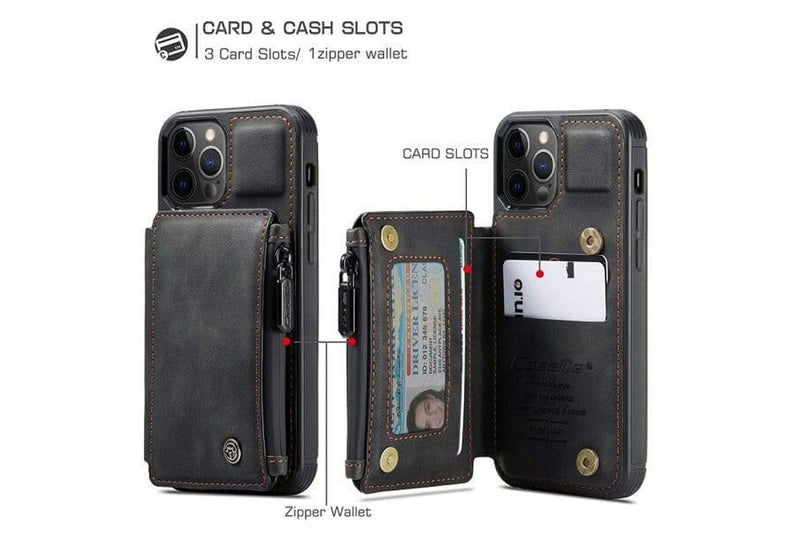 For Apple iPhone 13 Pro CaseMe Back Zipper Wallet Case W/ 3 Card Slots, RFID Blocking, 1 Money Pocket, Credit Card Holder Leather Cover (Black)