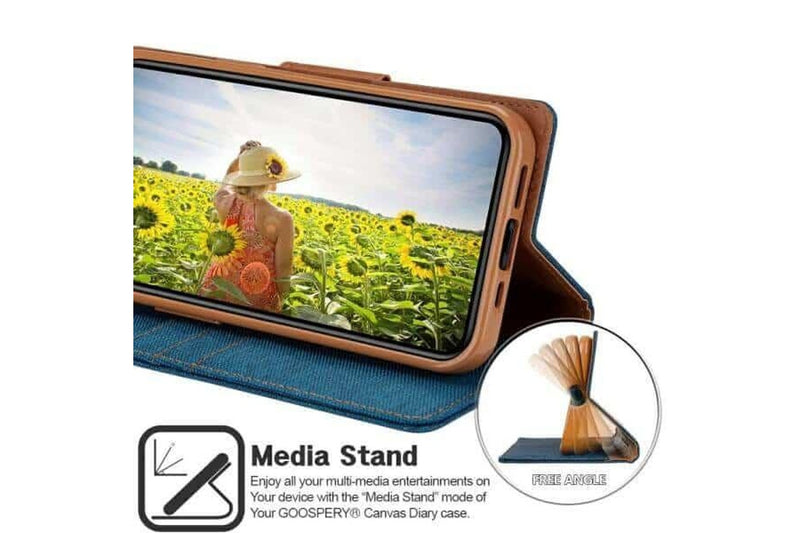 Goospery Canvas Apple iPhone X/XS Wallet Leather Case Denim Stand Flip Fabric Pouch Credit Card Slots Cover - Navy Blue