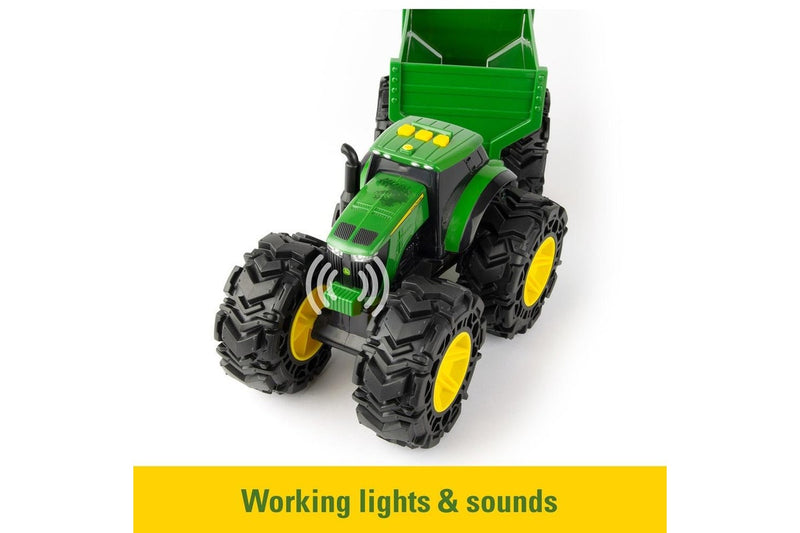 John Deere 38cm Monster Treads Tractor Kids Vehicle Toy w Wagon Light Sounds 3+