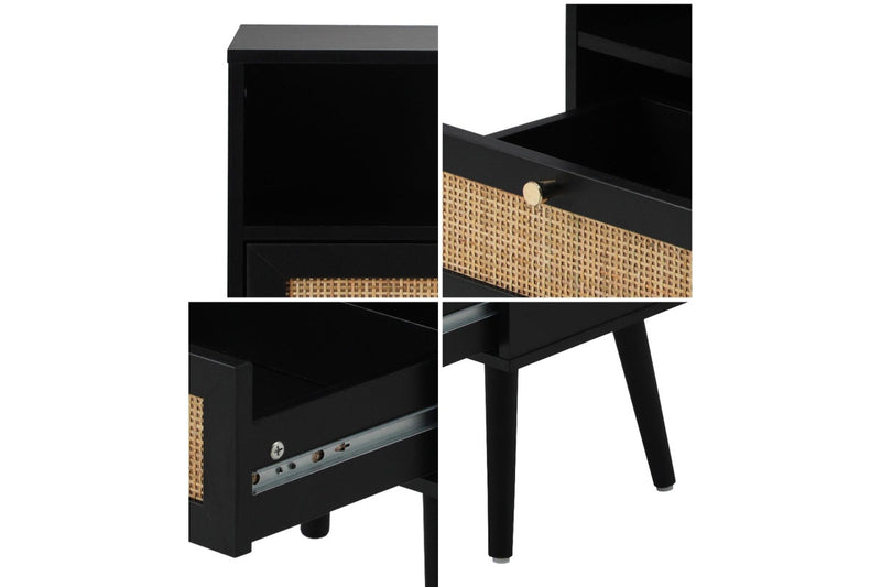 Oikiture Bedside Table Rattan Black