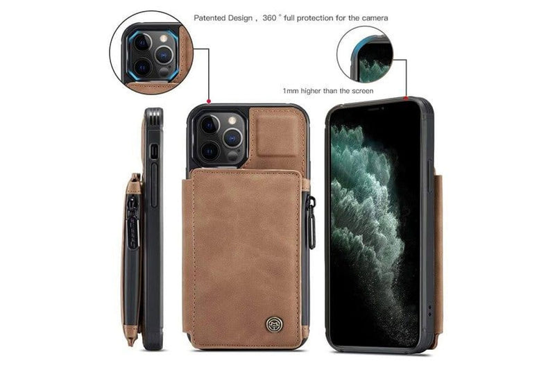 For Apple iPhone 11 pro CaseMe Back Zipper Wallet Case W/ 3 Card Slots, RFID Blocking, 1 Money Pocket, Credit Card Holder Leather Cover (Brown)
