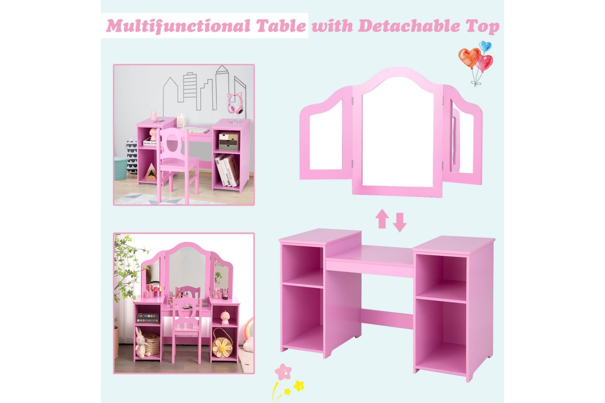 Giantex 2-in-1 Kids Vanity Table and Chair Set Makeup Dressing Table w/Mirror Children Study Writing Desk Pink
