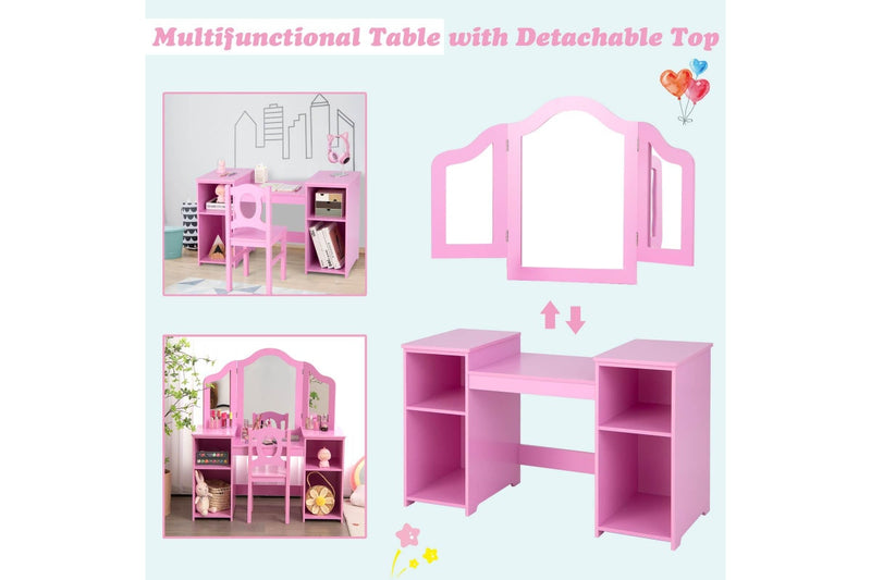 Giantex 2-in-1 Kids Vanity Table and Chair Set Makeup Dressing Table w/Mirror Children Study Writing Desk Pink