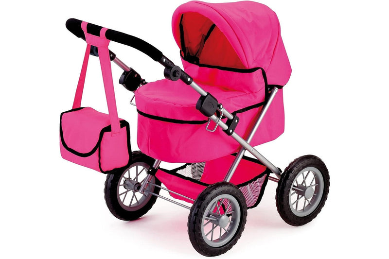 Foldable Dolls Pram with Height-Adjustable Handle and Shoulder Bag, Stable, Pink