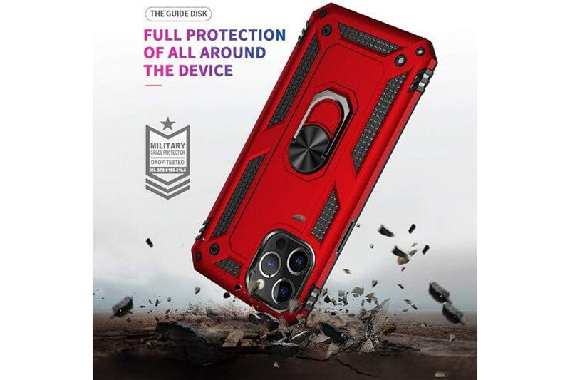 For Apple iPhone 12 Case, Military Grade 360 Degree Rotating Metal Magnetic Ring Car Mount Holder Kickstand Shockproof Heavy Duty Cover (Red)