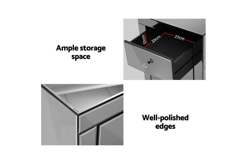 Artiss Bedside Table 3 Drawers Mirrored - PRESIA Grey