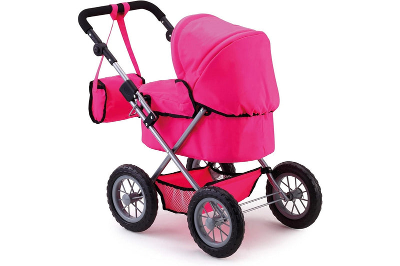 Foldable Dolls Pram with Height-Adjustable Handle and Shoulder Bag, Stable, Pink