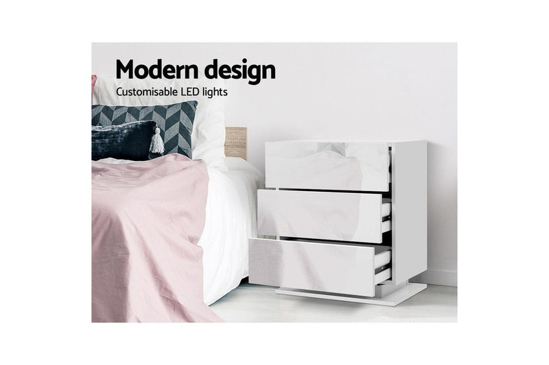 Artiss Bedside Table LED 3 Drawers - MORI White