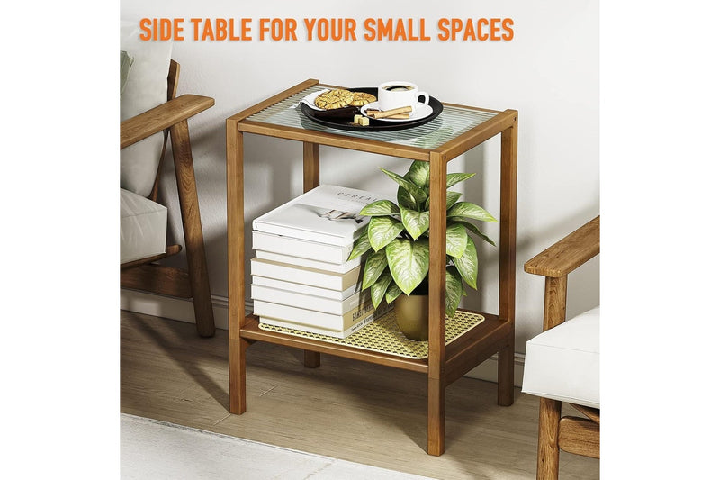 Boho Rattan Side Table with Storage for Small Spaces - Bedroom & Living Room