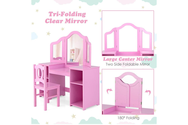 Giantex 2-in-1 Kids Vanity Table and Chair Set Makeup Dressing Table w/Mirror Children Study Writing Desk Pink