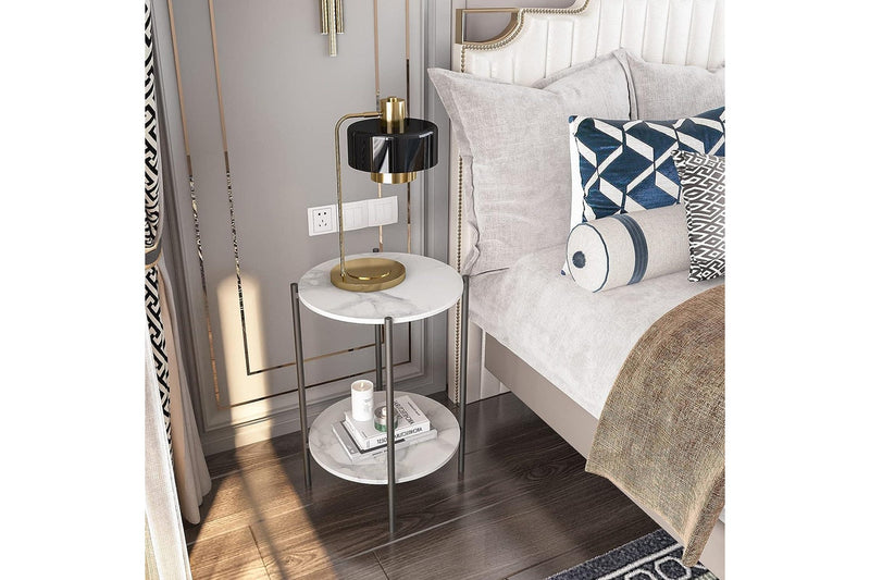 Marble Side Table Black 2 Tier Round Shape