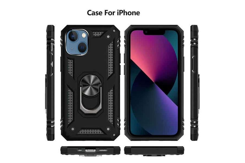 For Apple iPhone 13 Mini Case, Military Grade 360 Degree Rotating Metal Magnetic Ring Car Mount Holder Kickstand Shockproof Cover (Black)