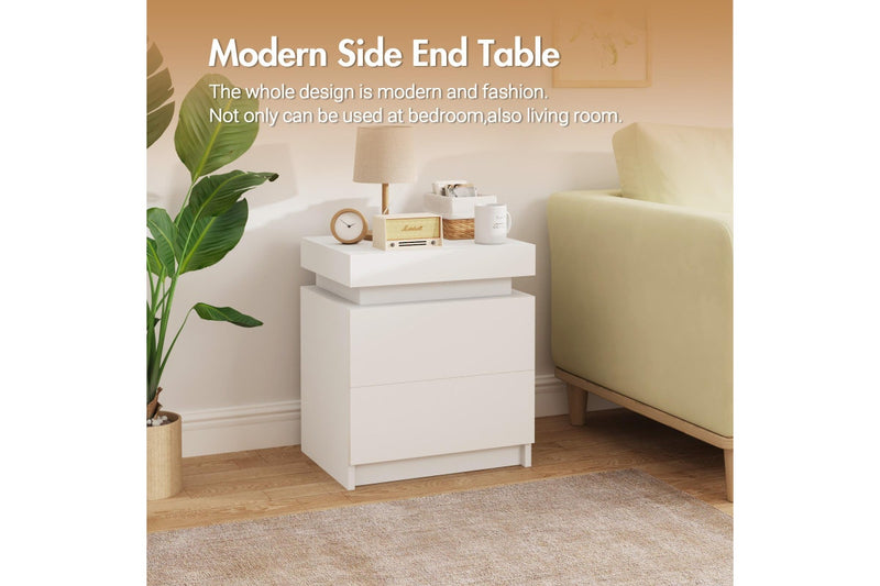 Advwin Set of 2 Bedside Table LED RGB 2 Drawers With Lift Up Storage Nightstand White