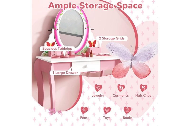 Giantex 2-in-1 Kids Vanity Table Stool Set Rotatable Mirror Makeup Table Princess Dressing Table w/Whiteboard & 4 Markers & Drawer