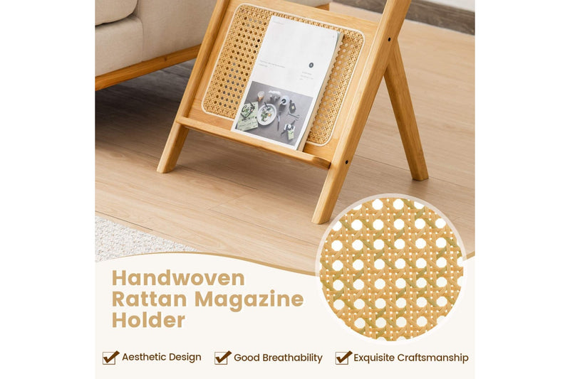 Giantex Boho Bedside Table Bamboo Nightstand Sofa Side Accent Table w/Glass Tabletop & Rattan Rack, Natural