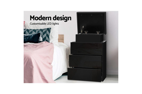 Artiss Bedside Table LED 3 Drawers - COLEY Black