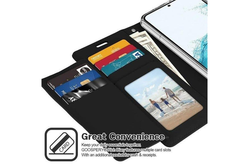 Goospery Samsung Galaxy S22 Rich Diary Wallet Flip Case Leather Card Slots Magnetic Cover (Black)