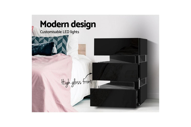 Artiss Bedside Table LED 3 Drawers - LUMI Black