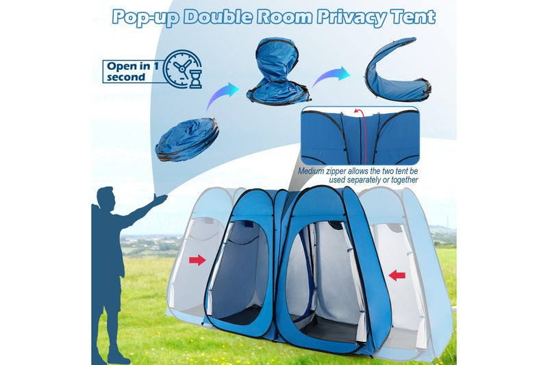 Costway 2-Room Pop Up Shower Tent Outdoor Camping Portable Change Room Privacy Shelter w/Carrying Bag Blue