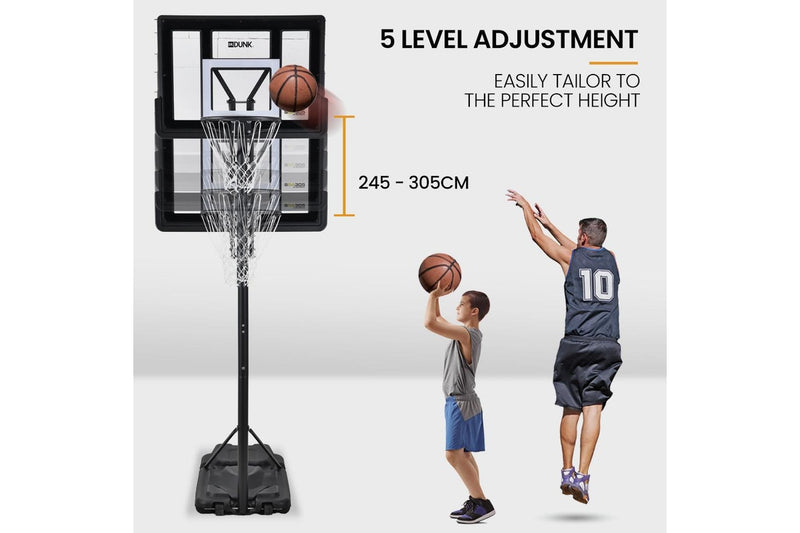 DR. DUNK Portable Basketball Hoop Stand System, Full Size 2.45m to 3.05m Height Adjustable