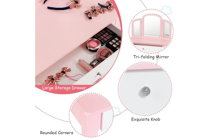 Giantex Kids Makeup Dressing Table Stool Set Mirror Princess Children Birthday Gift,Pink