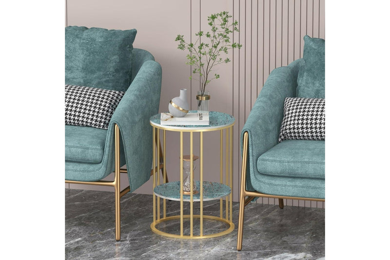 Marble Top Round Side Table - 2 Tier Bedside with Gold Legs