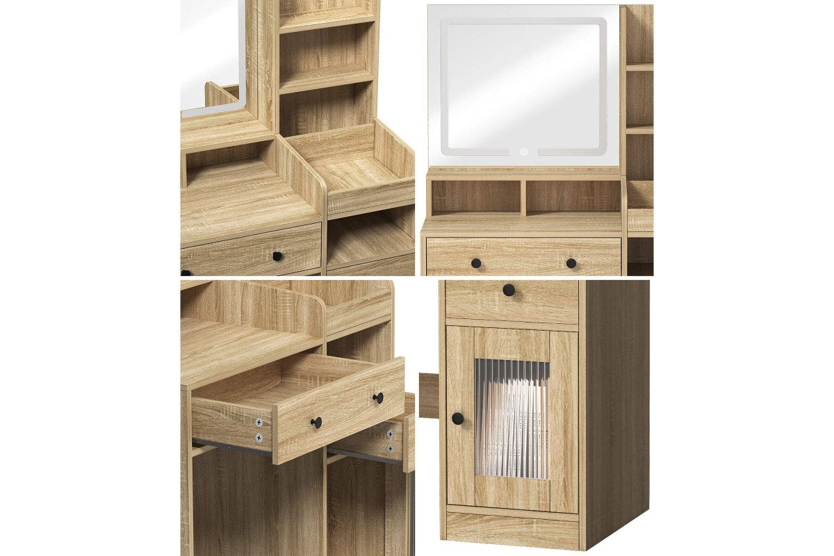 Oikiture Dressing Table Stool Set LED Light (Natural)