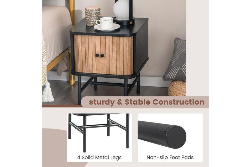 Giantex Modern Nightstand Bedside Storage Table w/Sliding Doors & Metal Legs Floor Side Table Bedroom Living Room Black