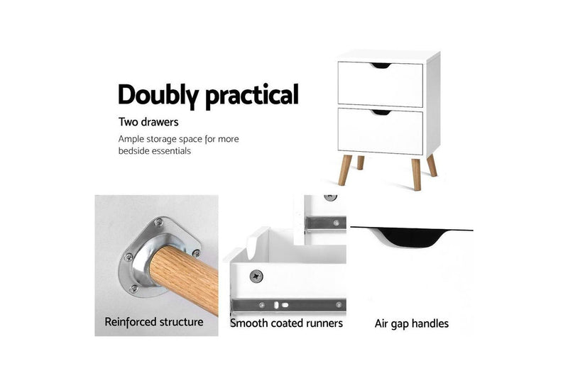 Artiss Bedside Table 2 Drawers - BODEN White