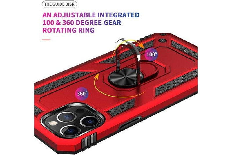 For Apple iPhone 12 Case, Military Grade 360 Degree Rotating Metal Magnetic Ring Car Mount Holder Kickstand Shockproof Heavy Duty Cover (Red)