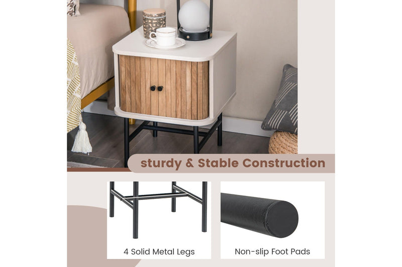 Giantex Modern Nightstand Bedside Storage Table w/Sliding Doors & Metal Legs Floor Side Table Bedroom Living Room White