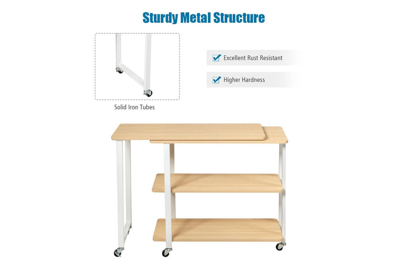 Giantex Mobile L-Shaped Side Table 360° Rotating Corner Desk w/2-Tier Storage Shelf Wood End Table Home Office Walnut