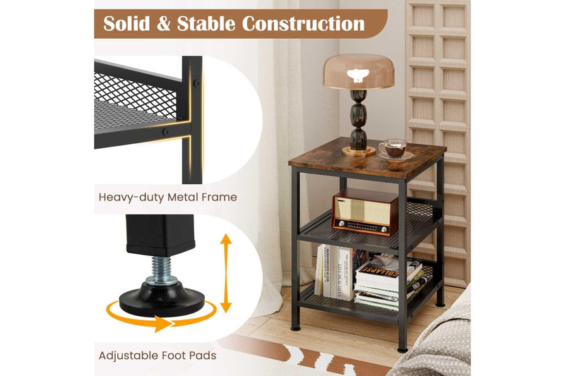 Giantex 3-Tier Sofa Side Table Industrial Nightstand Square End Table w/Storage Shelves Rustic Brown