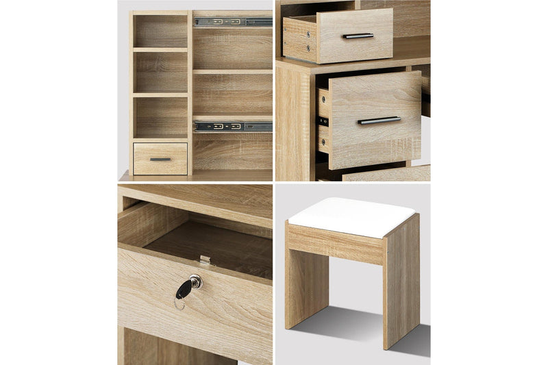 Oikiture Dressing Table Slide Mirror Stool Set(Natural)