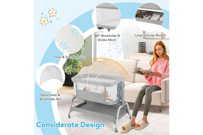 Costway 4in1 Cot Bed Mobile Bedside Sleeper Portacot Cradle w/Net & Storage Basket, Grey