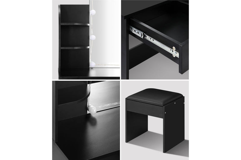 Oikiture Dressing Table Stool Mirror 10 LED Bulbs(Black)