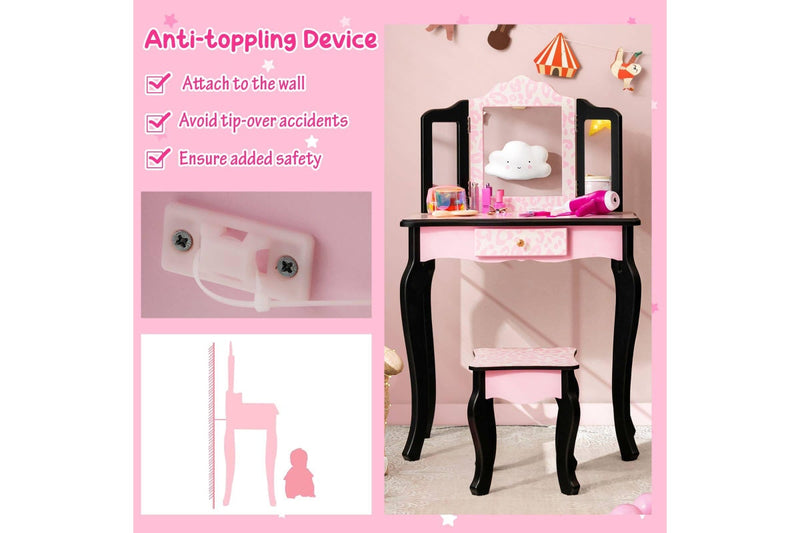 Costway Bedroom Dresser Vanity Table Stool Set w/ Tri-Folding Mirror Bedroom Furniture Pink