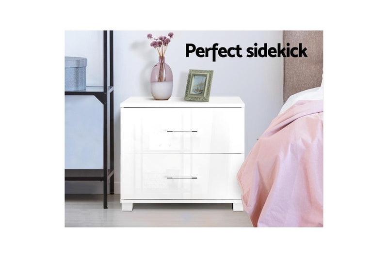 Artiss Bedside Table 2 Drawers High Gloss - White