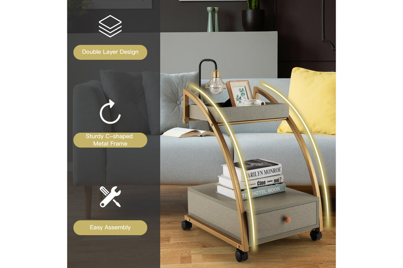 Giantex 2-tier Mobile End Table C-Shaped Sofa Side Table w/Lockable Wheels & Drawer Mobile Serving Cart Grey