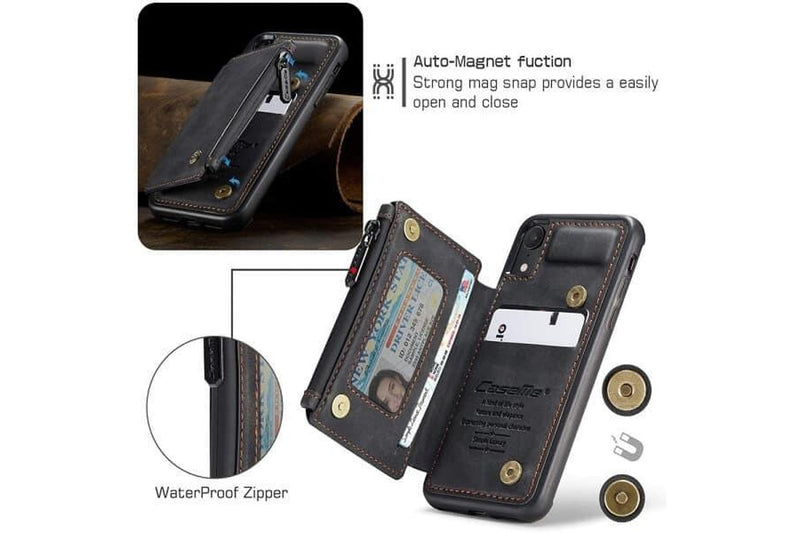 For Apple iPhone XR CaseMe Back Zipper Wallet Case W/ 3 Card Slots, RFID Blocking, 1 Money Pocket, Credit Card Holder Leather Cover (Black)