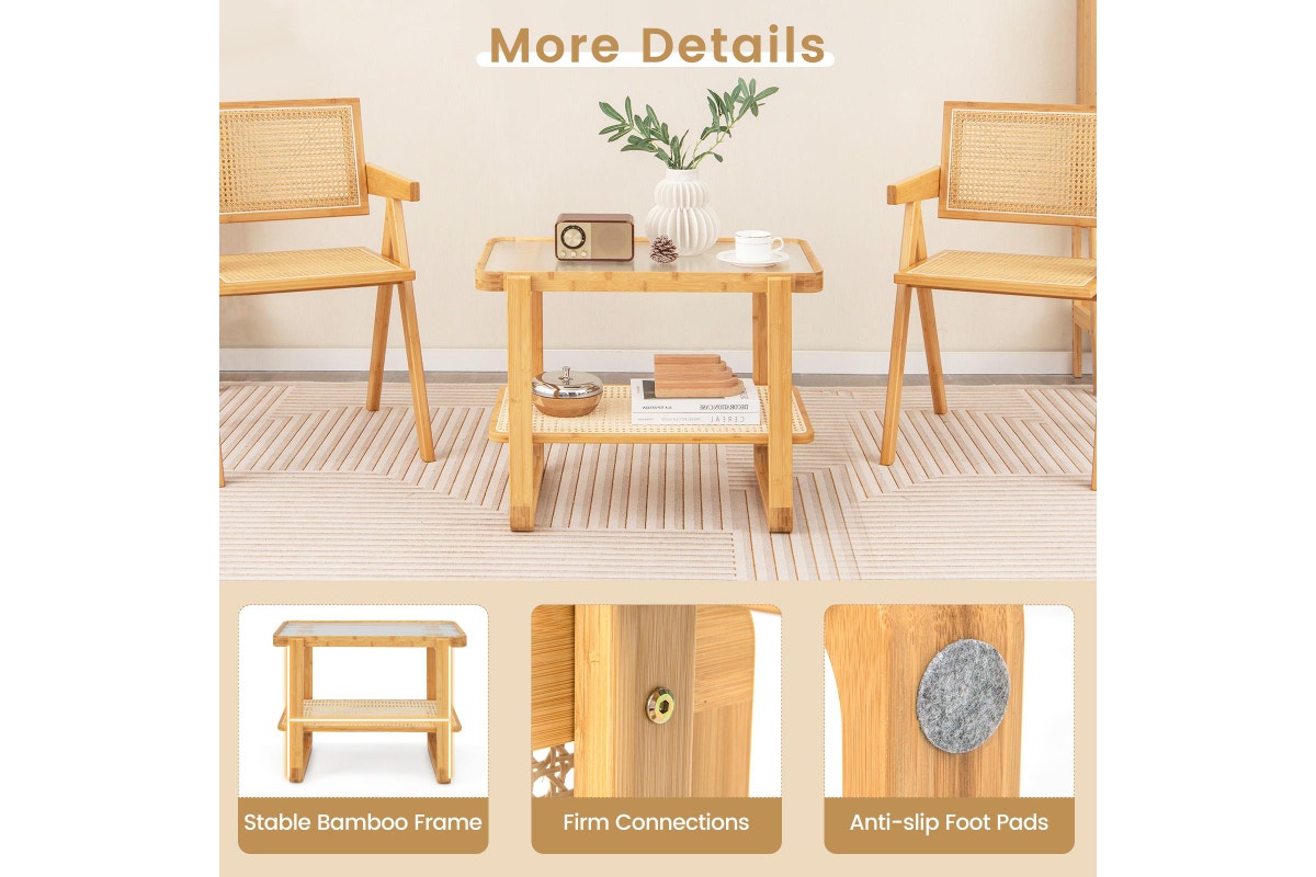Giantex 2-Tier Bamboo Bedside Table Compact End Table Sofa Side Table w/Glass Tabletop & Rattan Shelf, Natural