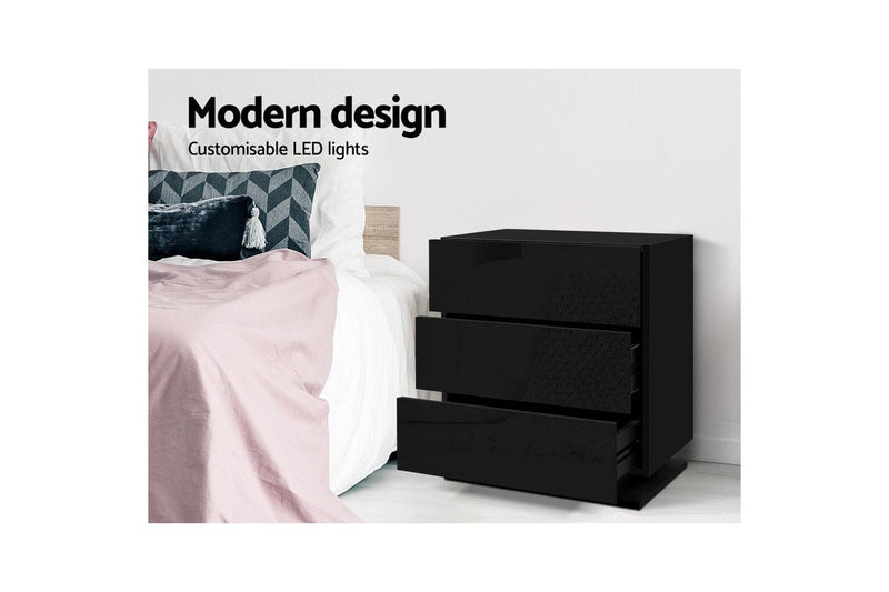 Artiss Bedside Table LED 3 Drawers - MORI Black