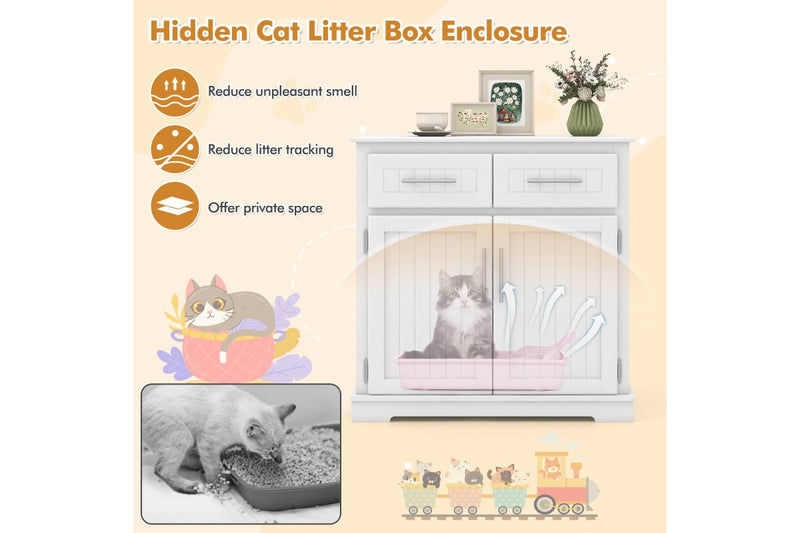 Costway Cat Litter Storage Cabinet Box Enclosure Double Door Cat House Pet House Crate Cabinet White