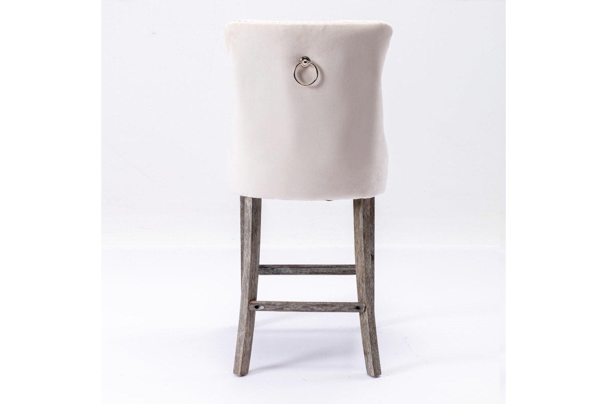 4X Velvet Bar Stools With Studs Trim Wooden Legs Tufted Kitchen Dining Chairs