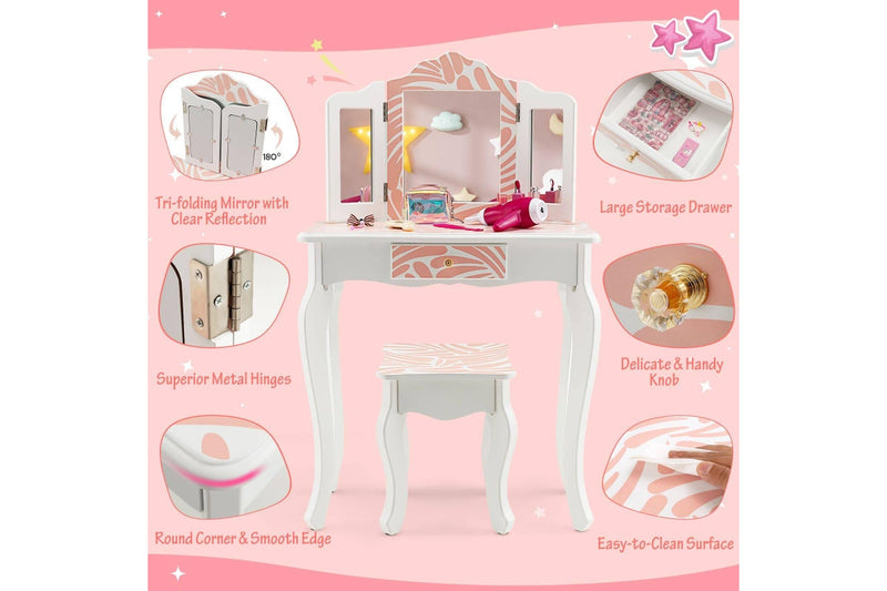 Costway 2 in 1 Dressing Table Chair Set Vanity Desk Mirror Makeup Desk Princess ren Pink