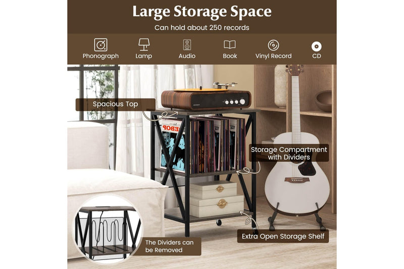 Giantex Record Player Stand Storage Rack w/Charging Station Bedside Table Grey