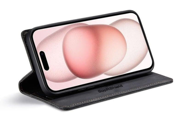 SupRShield For Apple iPhone 15 Plus Case RFID Blocking Retro Flip Premium Leather Card Holder Wallet Cover - Black