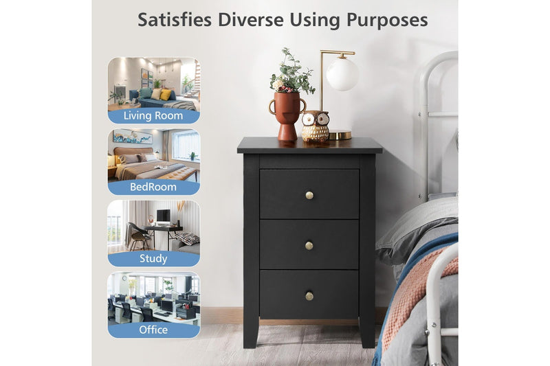 Giantex Bedside Table 3 Chest of Drawers Nightstand Home Office End Table Side Cabinet Black